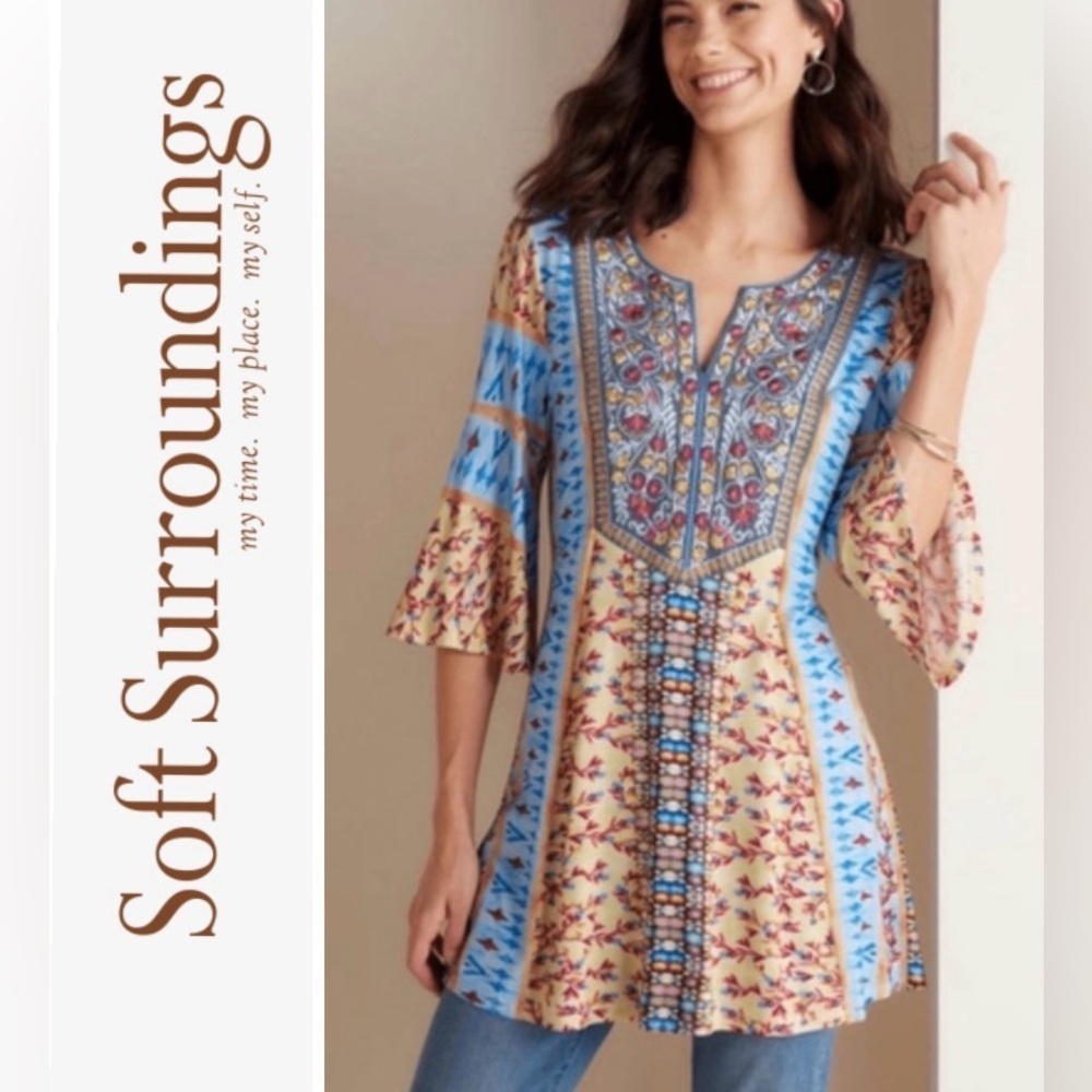 Soft Surrounding Fifi embroidered tunic top, 3/4 bell sleeve, sz M